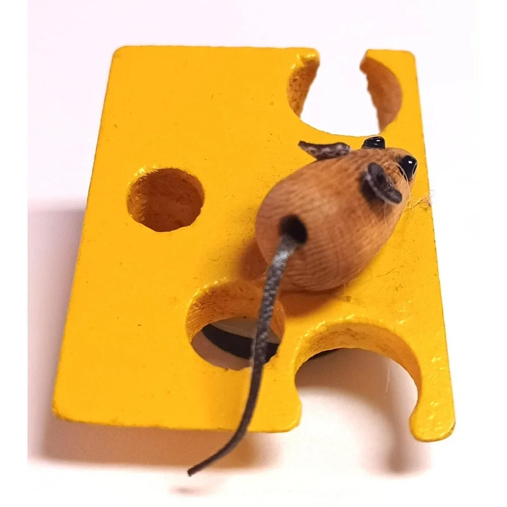 Vintage 1996 Handmade Wood Mouse Swiss Cheese Magnet 90s Folk Art Craft Dated